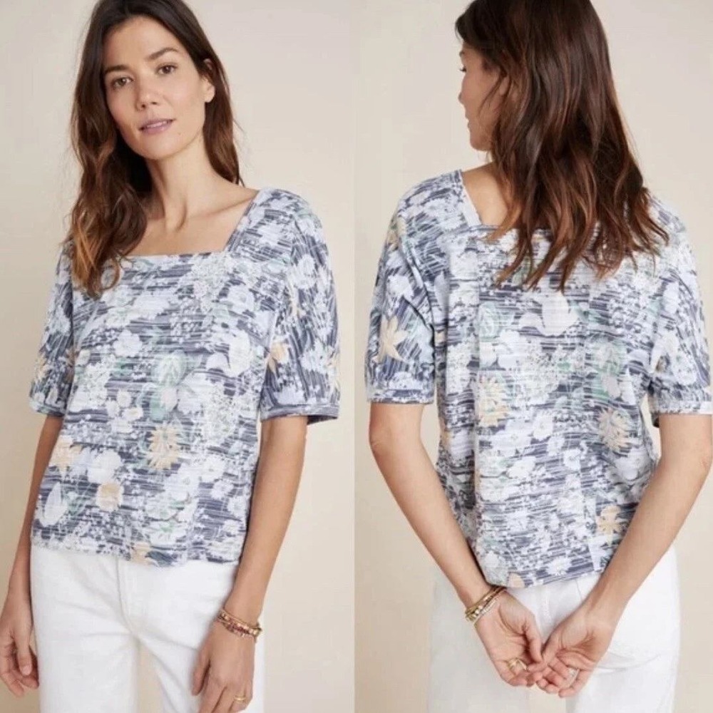 Anthropologie Top Womens M Deedee Floral Motif Dolman-Sleeved Square Neck Top